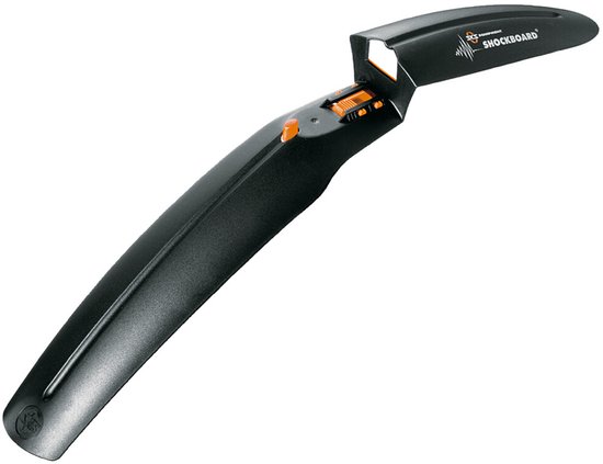 Zwart SKS Shockboard voorspatbord met oranje details, gemonteerd op een fietsvoorvork.