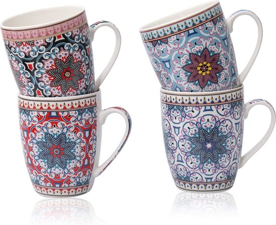 Premium koffiemokken set van 4 Oosterse design - grote Marokkaanse keramische koffiebeker ca. 300 ml - Afrikaanse boho theekopjes - koffiekopjes set - cadeau vrouwen (design 6 sterren)