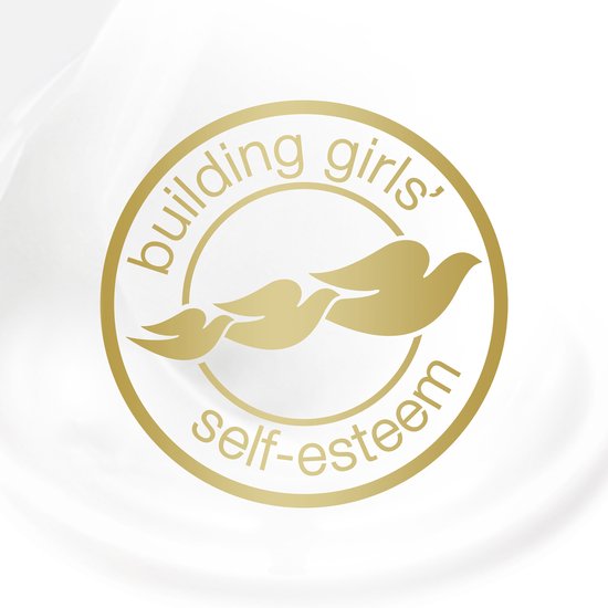 Gouden cirkelvormig Dove logo met twee duiven, met de tekst "building girls' self-esteem".
