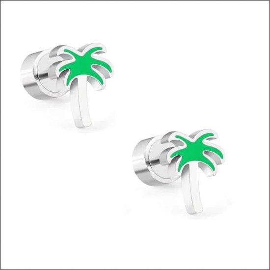 Aramat Jewels - Oorknopjes Palmboom - Staal - 8x6mm - Nieuw met Druksluiting - Kinderoorstekers - RVS - Trendy Kinderoorbellen - Speels Design - Cadeau tip - Zomerse vibe