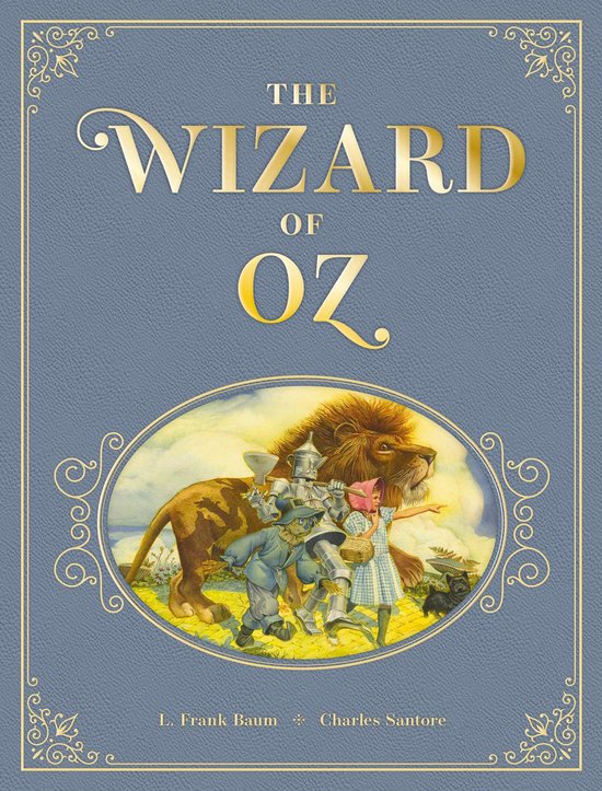 De voorkant van het boek 'The Wizard of Oz' met een illustratie van Dorothy, de leeuw, de vogelverschrikker en de blikkenman in een landschap.