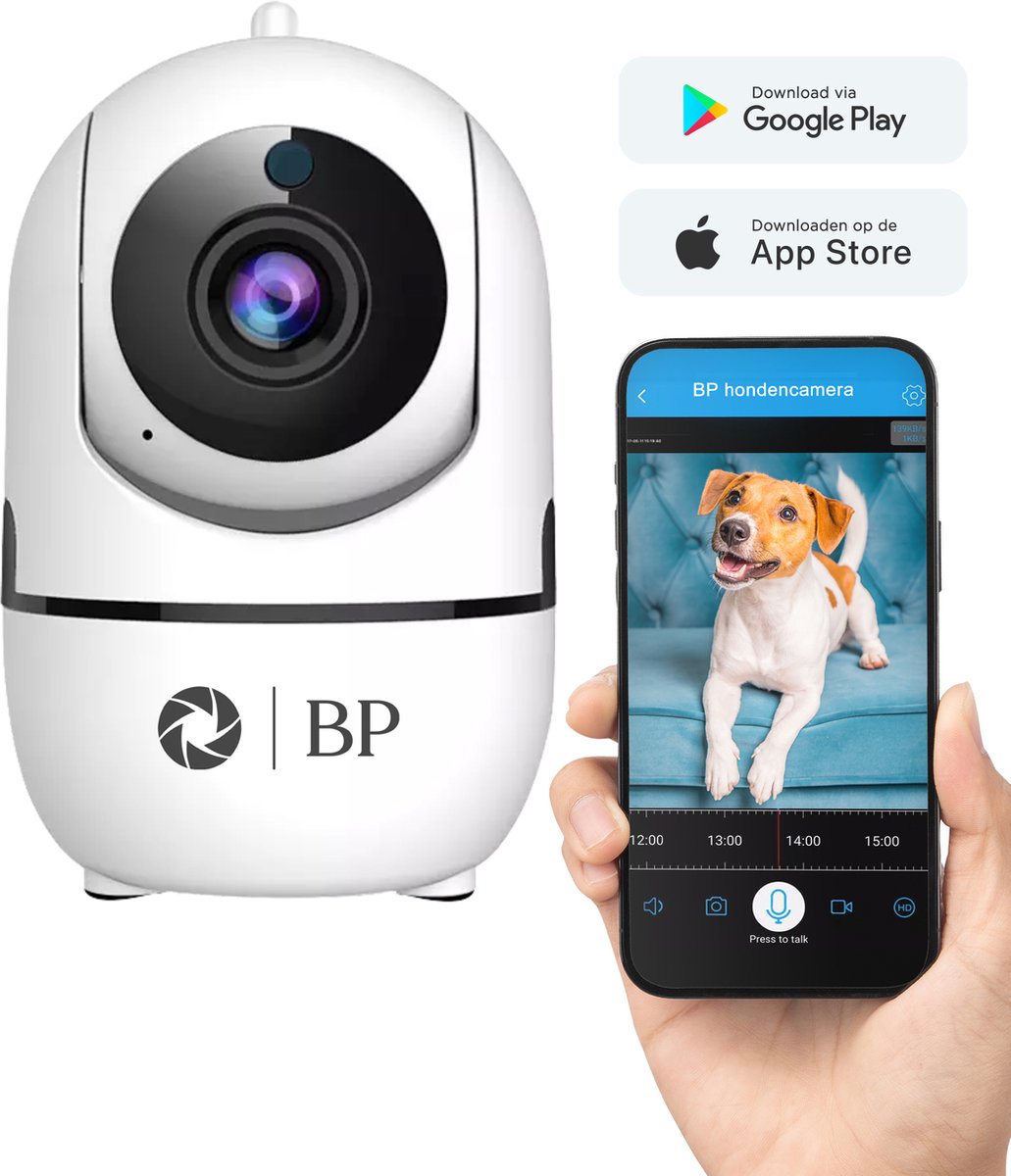 BP® Huisdiercamera - Hondencamera - Dog Camera - IP Beveiligingscamera - 2 Weg Audio- WiFi - 2.4 GHZ - Beweeg en Geluidsdetectie - Nachtvisie - 360 Eyes App - Opslag in Cloud of SD - Gratis 32GB SD kaart - ONVIF -Nederlandse Handleiding