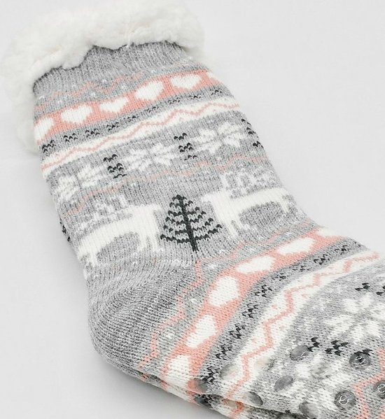 Merino Wollen sokken - Licht Grijs met Hartjes - maat 39/42 - Huissokken - Antislip sokken - Warme sokken – Winter sokken