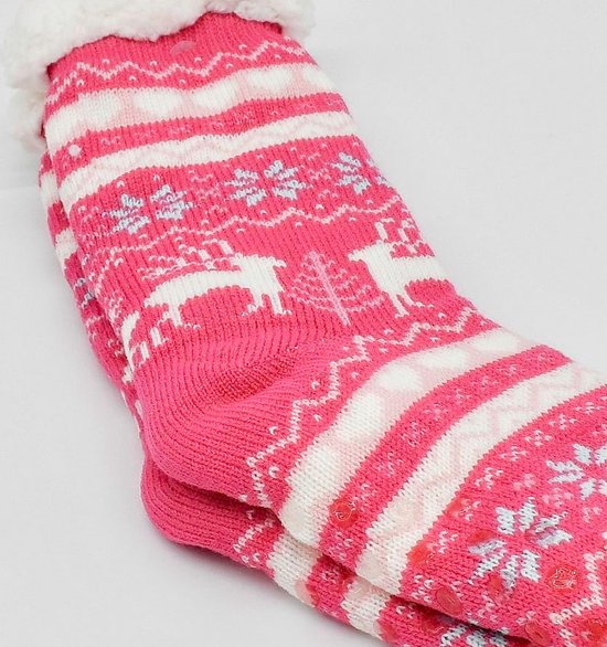 Merino Wollen sokken - Knal Roze met Hartjes - maat 35/38 - Huissokken - Antislip sokken - Warme sokken – Winter sokken