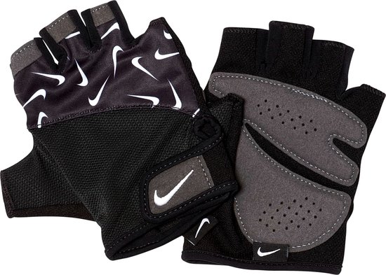 Paar zwarte Nike handschoenen met wit swoosh-patroon en grijze geperforeerde vulling.