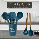 12-delige Itagala siliconen keukengerei set met houder| Keukengerei set | Keukengerei | Keukengerei houder | Spatelpot | Keukenset | Kookgerei set | Keukengerei pot | Spatel silicone | Keukentang | Pannenlikker | Pauwblauw | BPA en Kras vrij