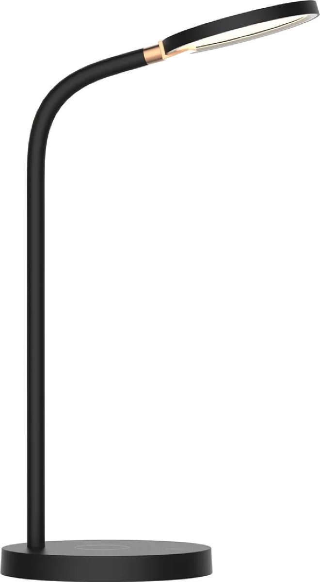 Noni LED bureaulamp, 5,5W SMD LED, 580 lumen, 3000K, 3-staps dimbaar, ingebouwde Qi-lader, hoogte 350 mm, zwart