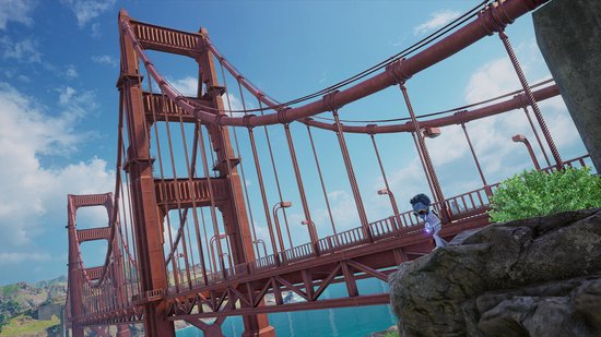 Een personage met een blauwe helm staat op de Golden Gate Bridge, met de oceaan onderaan.