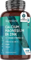 WeightWorld Calcium, Magnesium en Zink met vitamine D3 - 400 vegan tabletten voor meer dan 1 jaar voorraad