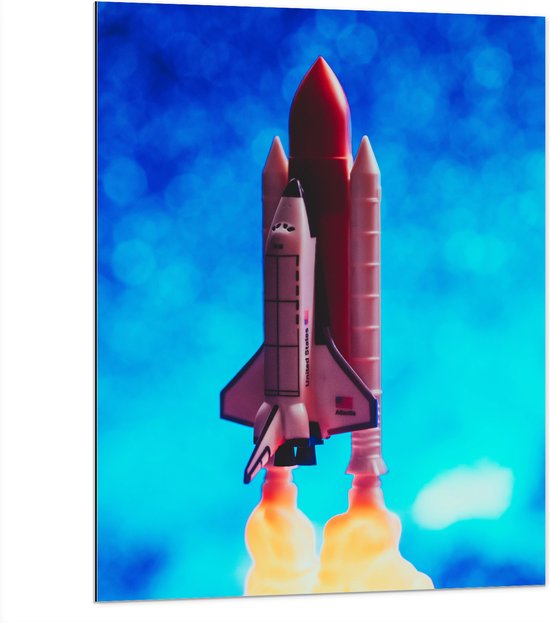 Dibond - Opstijgende Speelgoed Raket - 75x100 cm Foto op Aluminium (Met Ophangsysteem)