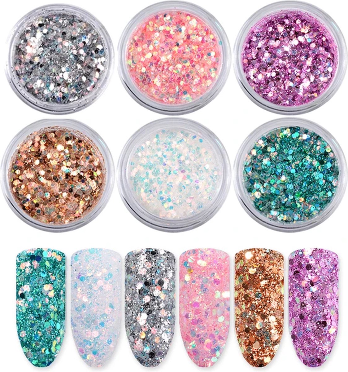 Goedkoopste 6 Glitter potjes | nail art | nagel glitters | Sparkolia