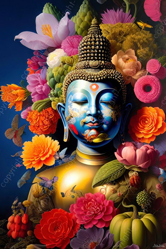 JJ-Art (Aluminium) 90x60 | Buddha met bloemen - modern surrealisme - kunst - woonkamer slaapkamer | boeddha, boedhisme, rood, oranje, paars, blauw, goud, geel, groen | Foto-Schilderij print op Dibond (metaal wanddecoratie)