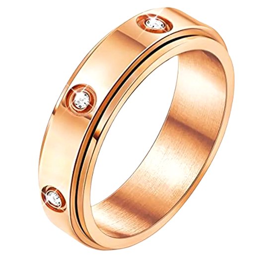 Anxiety Ring - (Zirkonia) - Stress Ring - Fidget Ring - Anxiety Ring For Finger - Draaibare Ring - Spinning Ring - Rose Goudkleurig RVS - (22.00mm / maat 69)