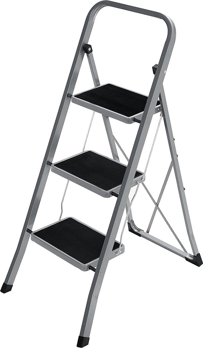 Hoppa! 3-treden ladder, vouwladder, sportbreedte 20 cm, antislip rubber, met handvat, draagvermogen 150 kg, staal, grijs en zwart