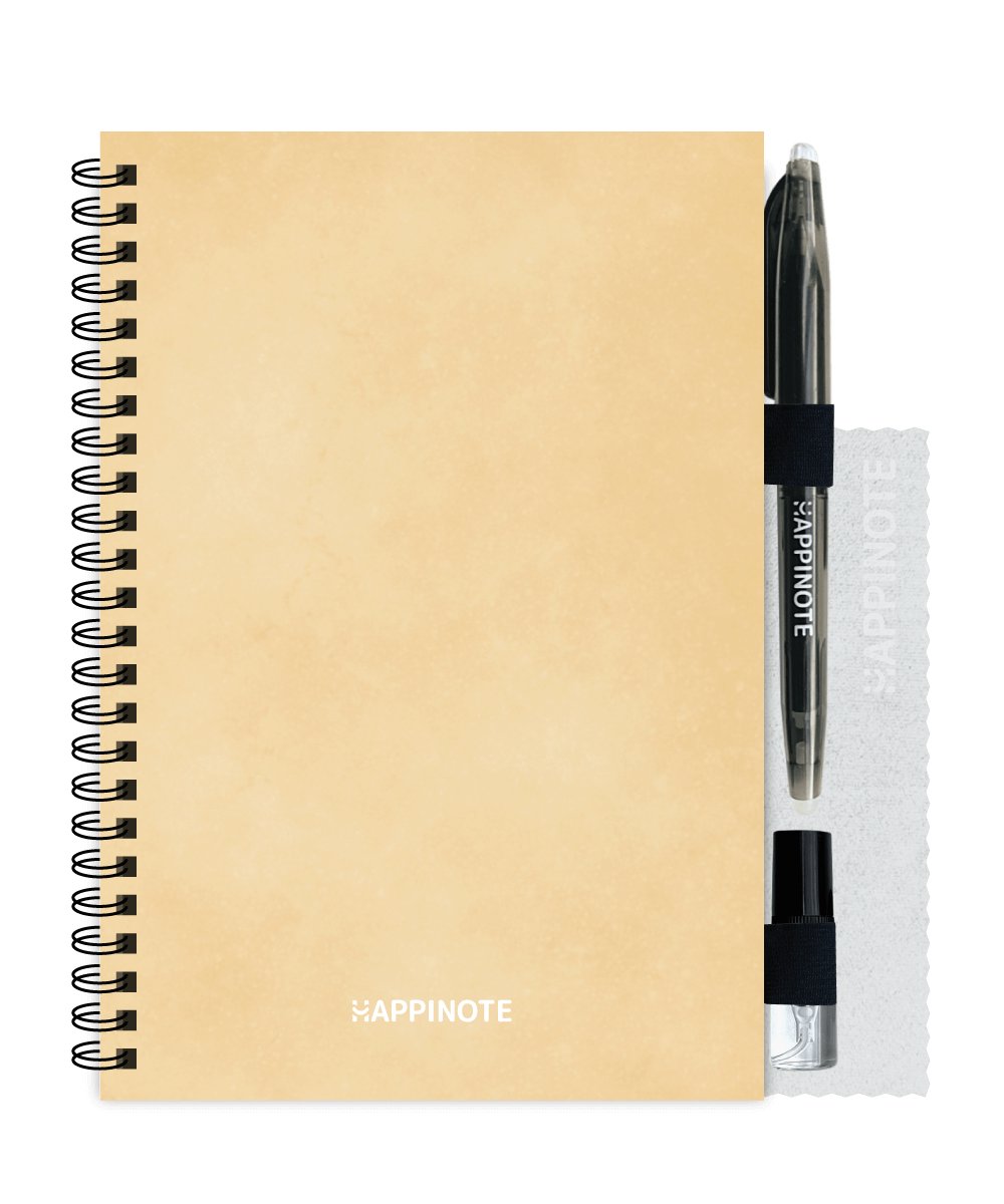Happinote | Uitwisbaar Notitieboek A5 - inclusief uitwisbare pen, waterspray, houders én doekje - Sunny Yellow | 100 pagina's steenpapier verdeeld onder 8 verschillende layouts | Journal | Cadeau | Moederdagcadeau