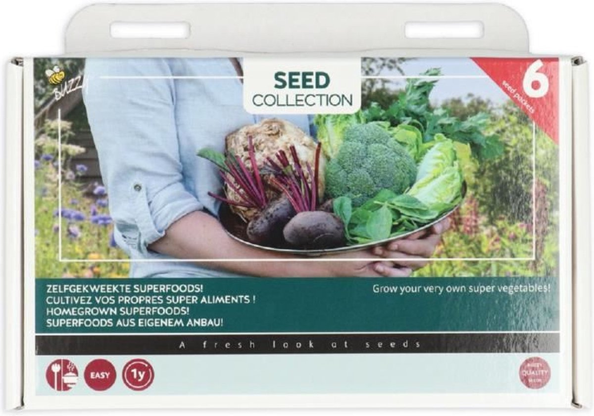 Buzzy Superfood Groente - 6 Soorten Groentezaden - Inclusief Zaai instructies, Houten Steek Etiketten en Potlood - Budget Sinterklaas - Kerst Cadeautjes