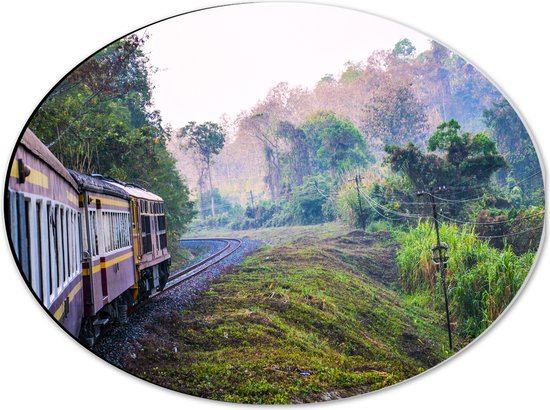 WallClassics - Dibond Ovaal - Thaise Trein door Groen Natuurgebied in Thailand - 40x30 cm Foto op Ovaal (Met Ophangsysteem)