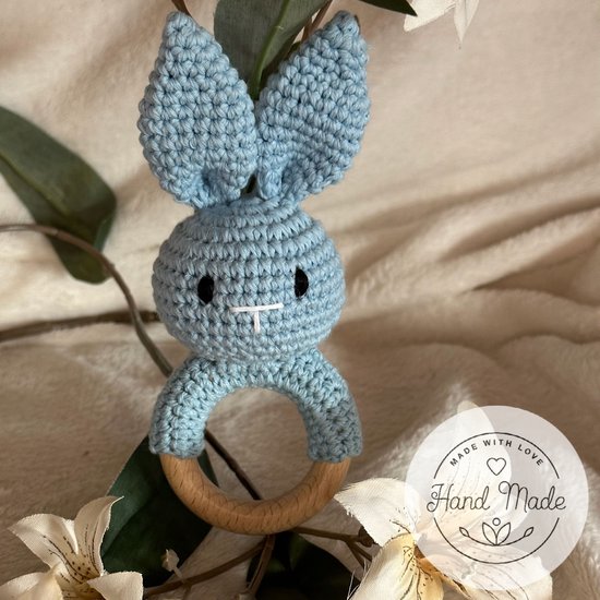 Baby Geboorte Set - Baby Speelgoed - New Born Set - Geschenk Set - Kraamcadeau - Babyshower - Gender Reveal Party - Bijtring - Handgemaakt - Natuurlijke Materialen - Speenkoord - Konijn — afbeelding 5