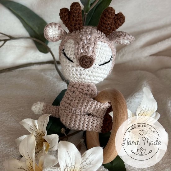 Baby Geboorte Set - Baby Speelgoed - New Born Set - Geschenk Set - Kraamcadeau - Babyshower - Gender Reveal Party - Bijtring - Handgemaakt - Natuurlijke Materialen - Speenkoord - Hert — afbeelding 4
