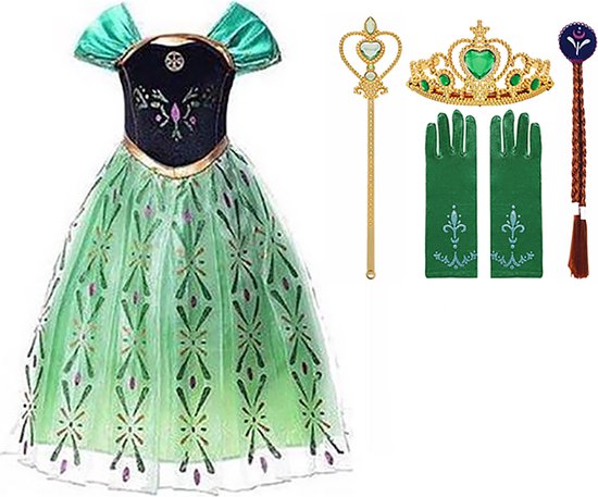 Prinsessenjurk meisje - Anna groene verkleedjurk - Het Betere Merk -Prinsessen speelgoed - maat 128/134 (140)- Verkleedkleren Meisje- Tiara - Kroon - Vlechtjes - Verjaardag meisje - Carnavalskleren meisje - Kleed