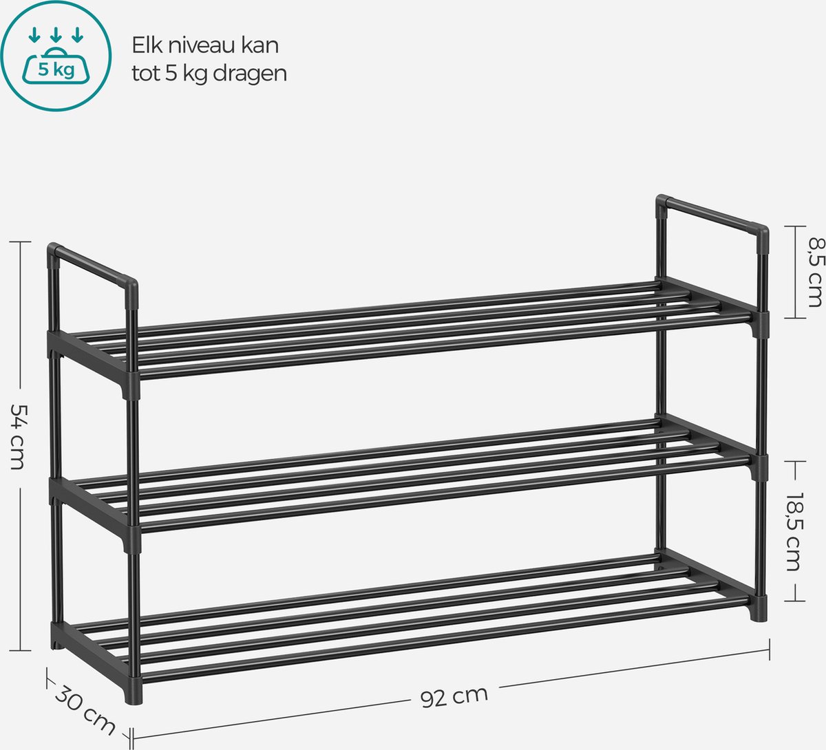 ACAZA Étagère à Chaussures de 3 Niveaux, Porte-Chaussures en Métal pour 15  Paires de Chaussures, 92 x 30 x 54 cm, Noir