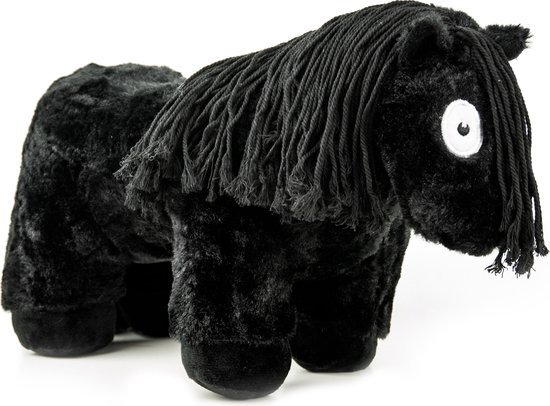 Zwart Crafty Ponies veulen knuffel met lange zwarte manen en grote witte ogen.