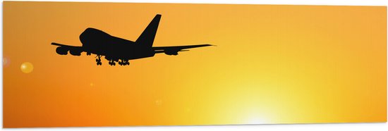 Vlag - Silhouet van Passagiers Vliegtuig Wegvliegend van Zonsondergang - 120x40 cm Foto op Polyester Vlag