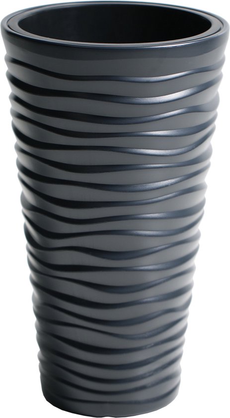 Set de 2x pot de fleurs/pot de fleurs en plastique sable avec pot intérieur anthracite 35 x 62 cm - 11/37 litre - Pots de fleurs ronds hauts