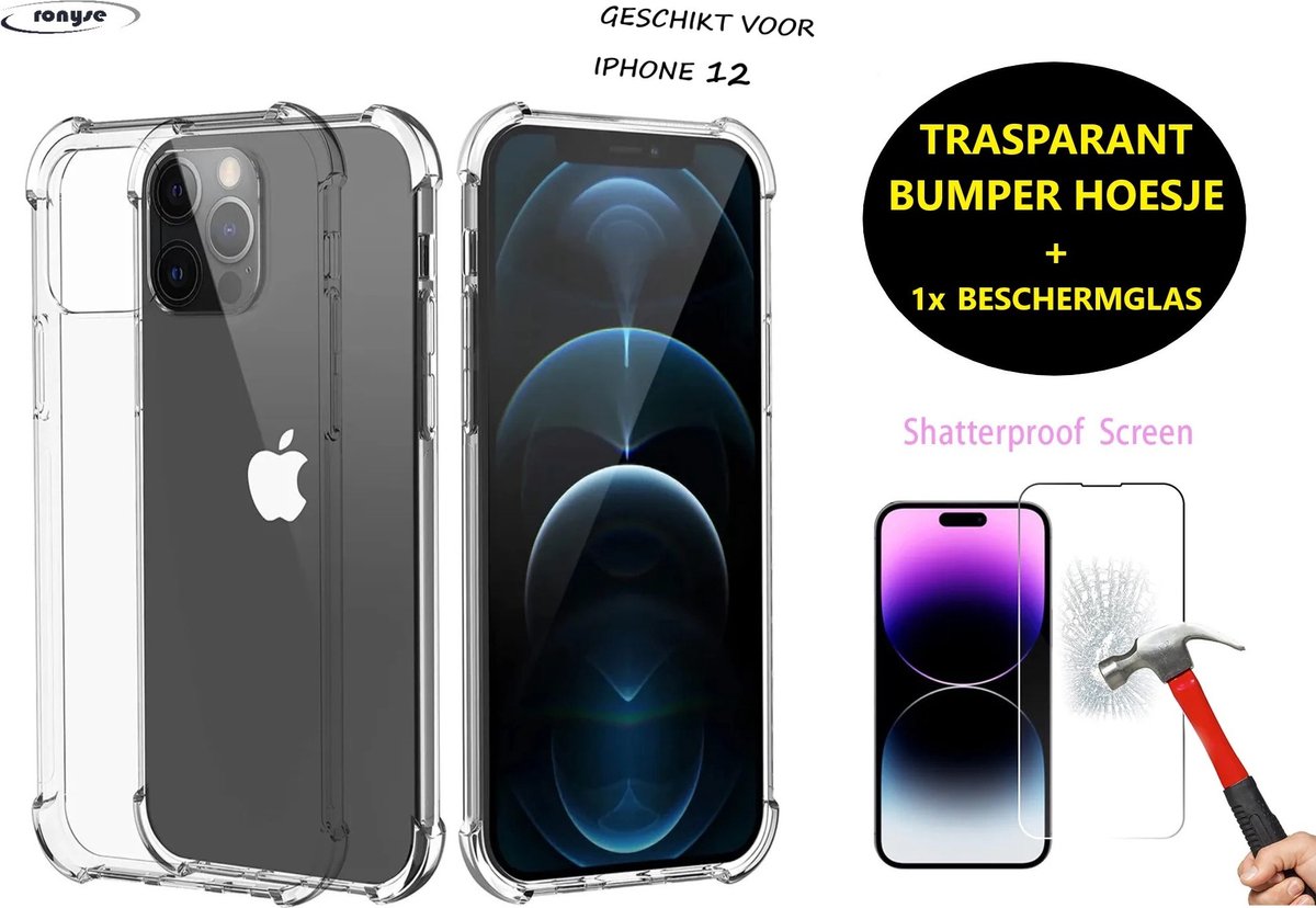 Telefoonhoesje Geschikt voor iPhone 12 Transparant Bumper + Screenprotector - Glasbescherming & Bumpercase - Phone Case bumper hoesje