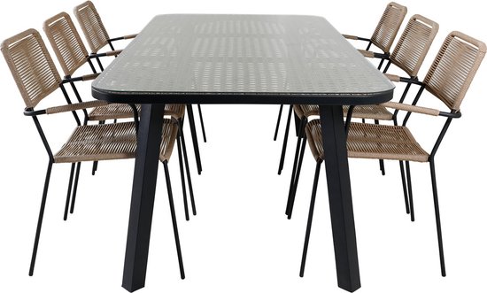 Paola tuinmeubelset tafel 100x200cm en 6 stoel armleuningL Lindos zwart, naturel.