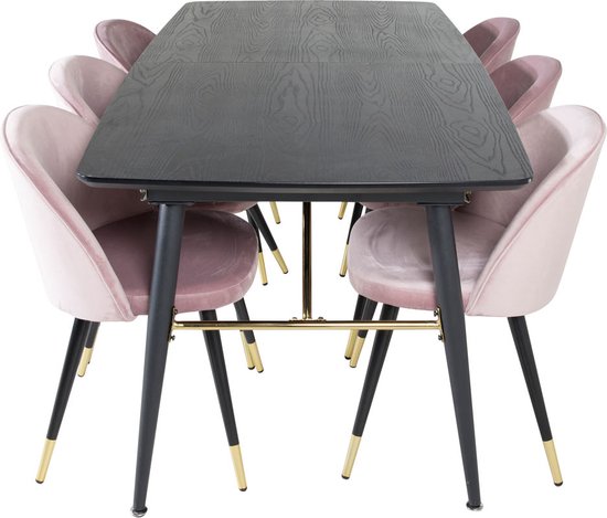 Gold eethoek eetkamertafel uitschuifbare tafel lengte cm 180 / 220 zwart en 6 Velvet eetkamerstal velours roze, zwart, messing decor.