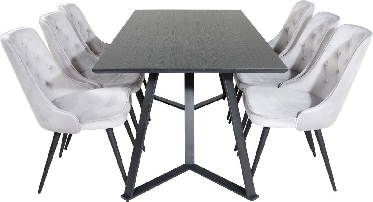 MarinaBLBL eethoek eetkamertafel zwart en 6 Velvet Deluxe eetkamerstal velours lichtgrijs.