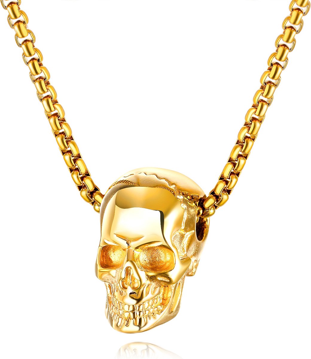 My Sweet Romance® Skull Ketting 60 cm – Goudkleurig RVS Doodskop Hanger – Stoere Schedel Ketting voor Heren en Dames