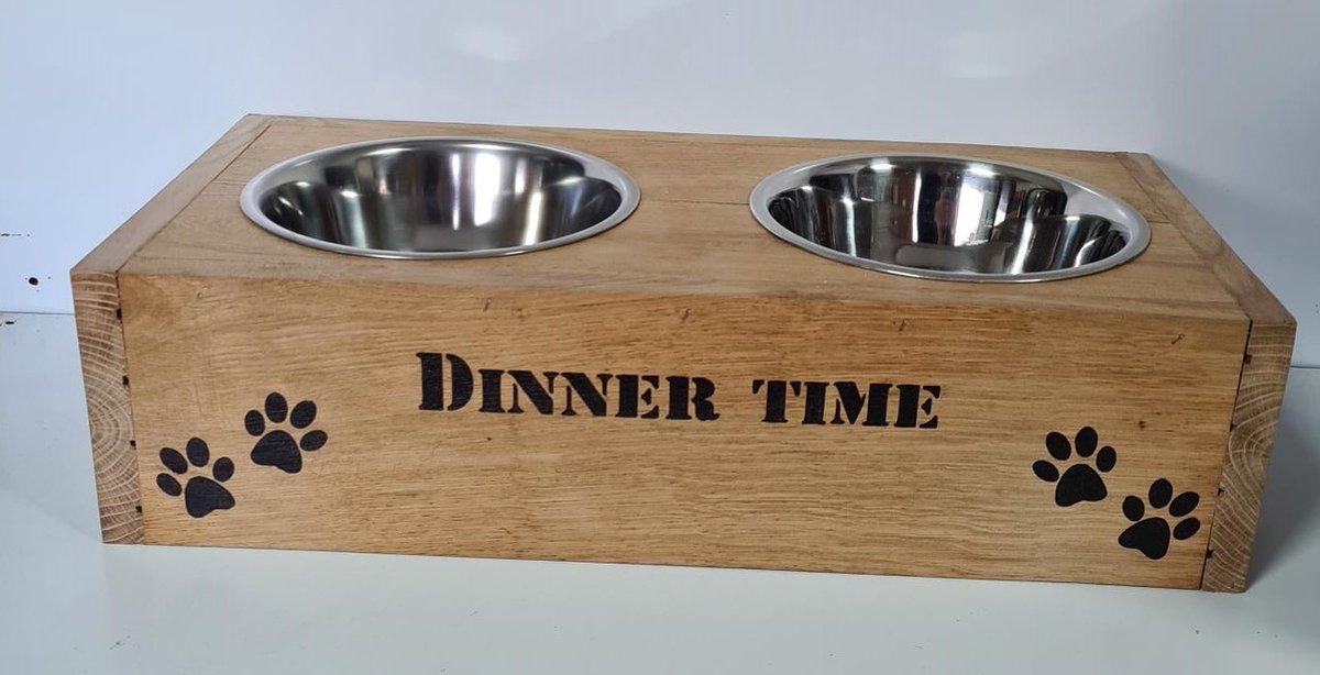 Voerbak hond - Houten voerbak - Dieren voerbak - Drinkbak - Drinkbak hond - Voer hond - Maat 53-15-25 cm – Oak dinner time