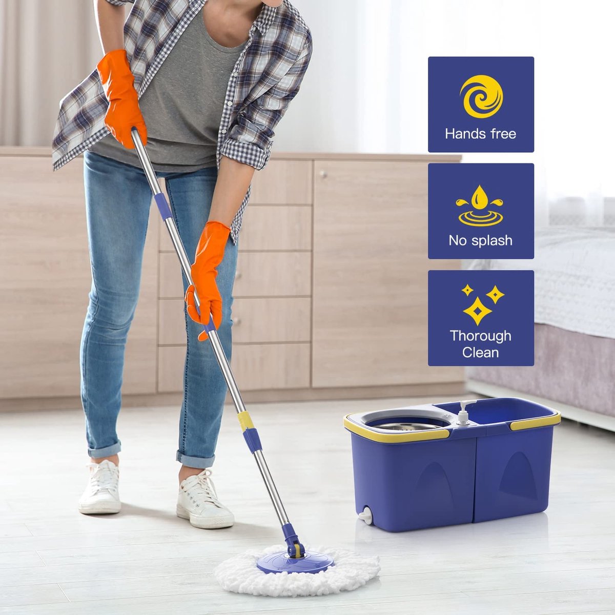 COSTWAY Dweilmop en emmersysteem, 4 liter, platte dweilmop met