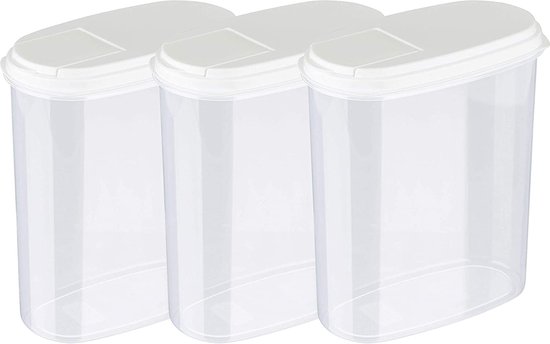 Novaliv Strooidozen, set van 3, voorraaddozen om te strooien, 1,3 liter, afmetingen (l x b x h): 22 x 13 x 8,5 cm, doos met deksel, 1 l voor muesli, meel, suiker, keukenorganizer, voedselbox