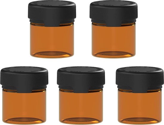 Récipient pour produits secs en plastique PET Aviator 2 oz/60 ml, poudre avec fermetures à l'épreuve des enfants, récipient à 5 compartiments (récipient ambré translucide/fermeture noire)