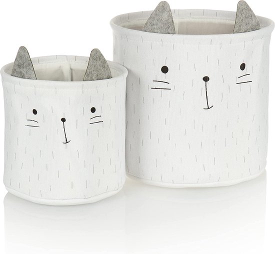 Ensemble 2 pièces de Paniers de rangement paniers chat pour articles de bébé, livres ou speelgoed- Sacs de rangement sans couvercles - chambre d'enfant (2 pièces - gris / blanc / noir)