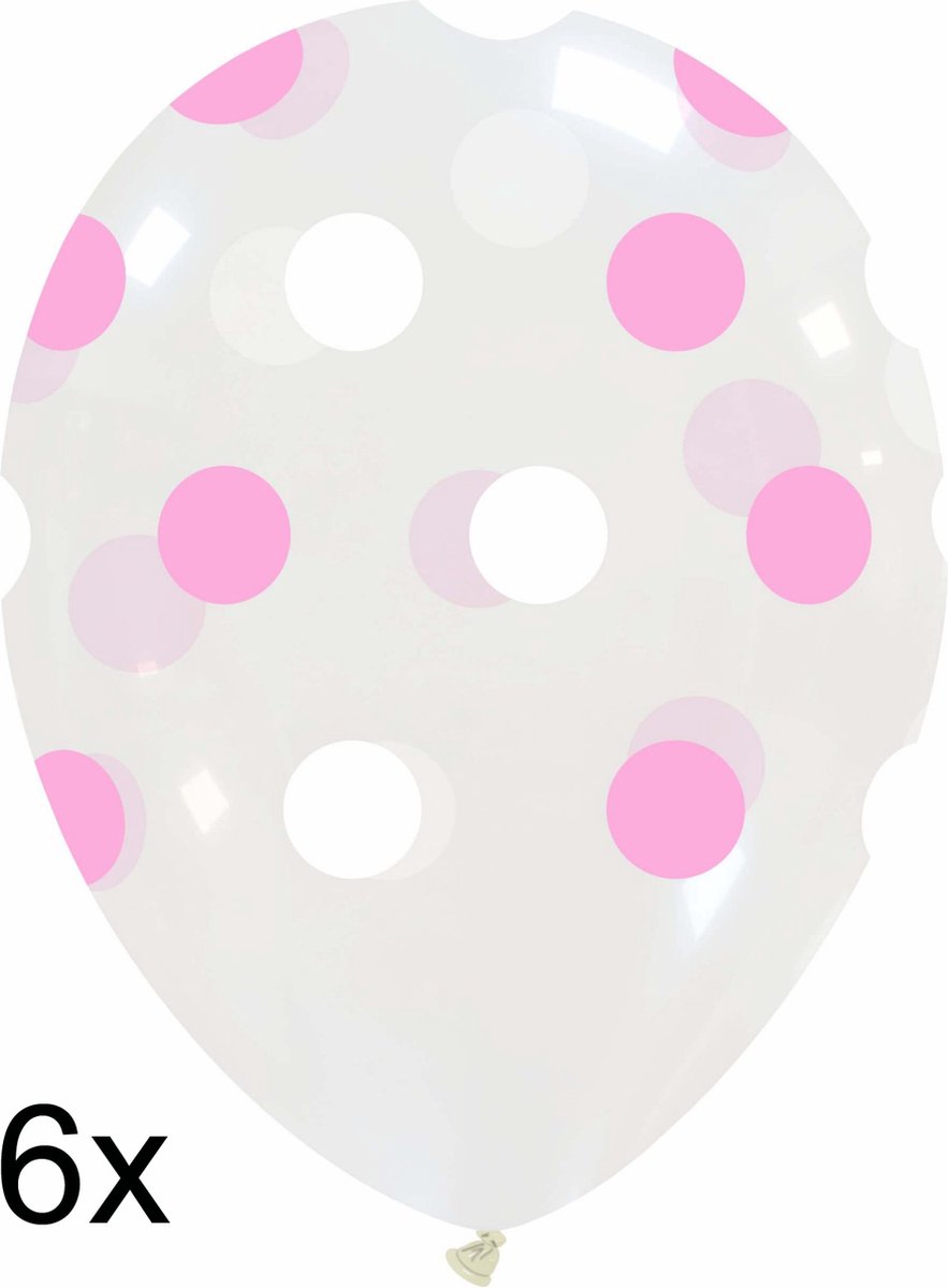 Transp. met wit+roze Polka dots ballonnen, 6 stuks, 30cm