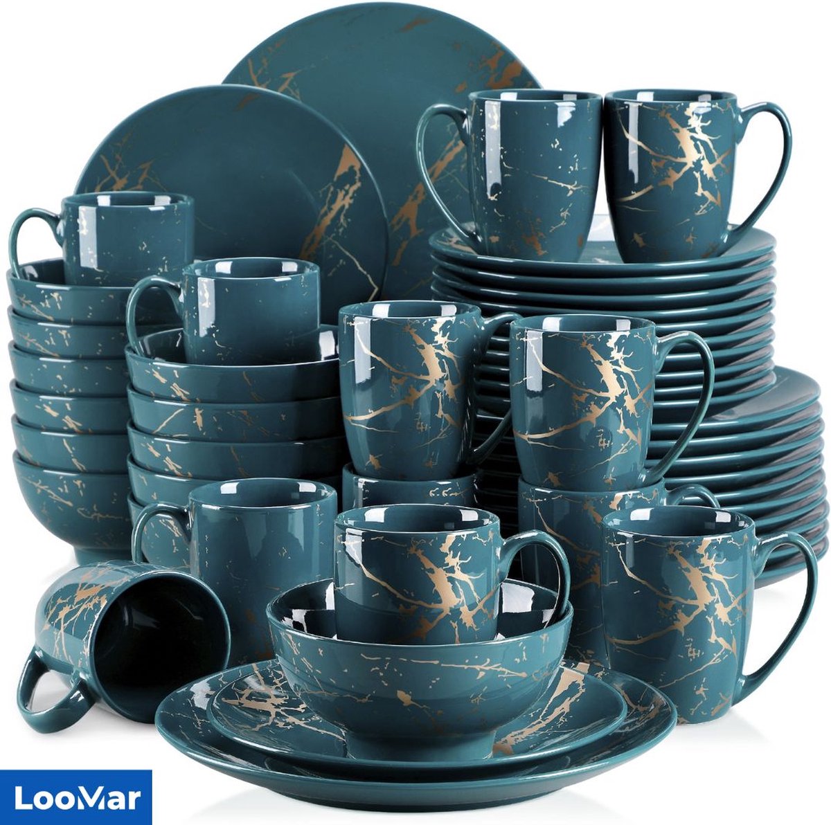 LooMar Luxe Serviesset – 48 delig – 12 persoons – Porselein - Bordenset – Dinner platen – Dessertborden - Kommen - Mokken - Set - Goud - Groen