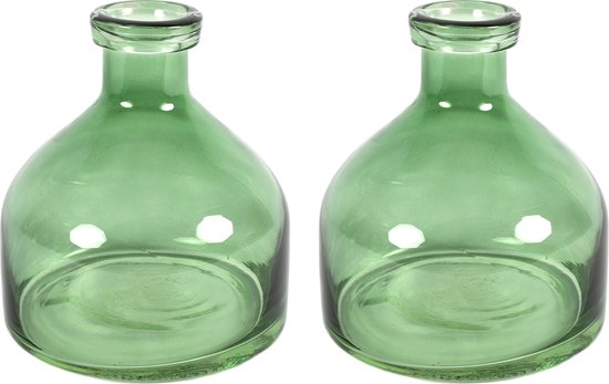 Countryfield Bloemenvaas Low Bottle - 2x - transparant groen - glas - D18 x H20 cm - Buikfles