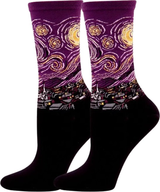 Winkrs - Kunst sokken met van Gogh's Sterrenwacht - Paars - Dames/Heren Maat 38-42