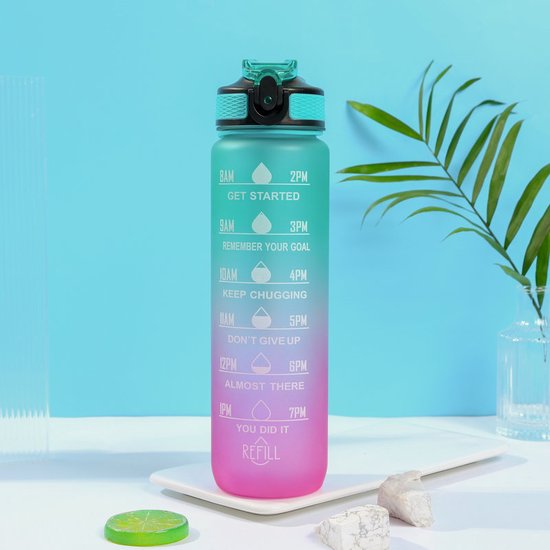 DEARRAY 1l/1 liter lekvrije glazen waterfles met rietje en motiverende