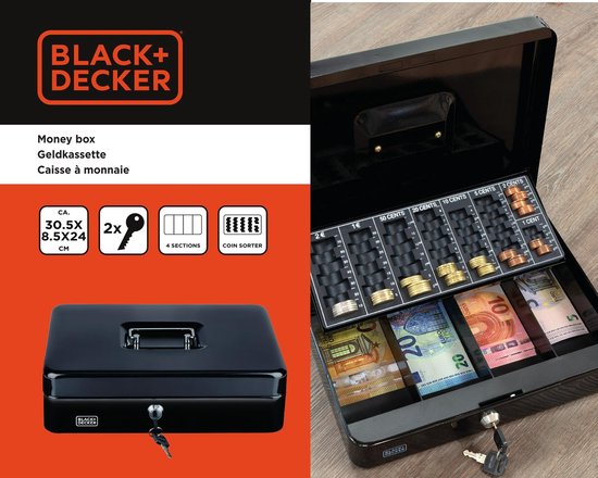 Zwart BLACK+DECKER geldkistje met sleutel en muntbakje, gevuld met munten en biljetten.
