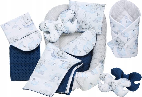 Babynestje set pasgeborenen - knuffelnest baby nestje bed set 7-delig - baby cocon Blauw olifant- ÖKO-TEX normen