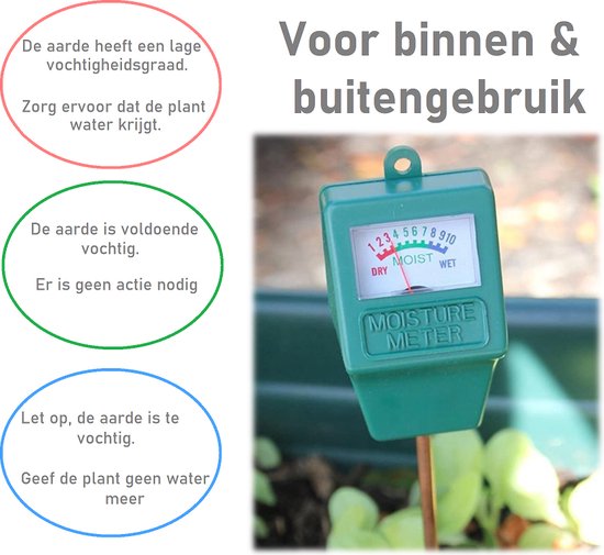 Groene vochtigheidsmeter met analoge wijzerplaat in een tuin, met tekstballonnen over vochtigheid.