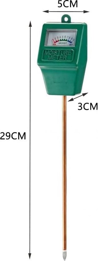 Groene vochtigheidsmeter met koperen pen, 29 cm lang, 5 cm breed en 3 cm diep.