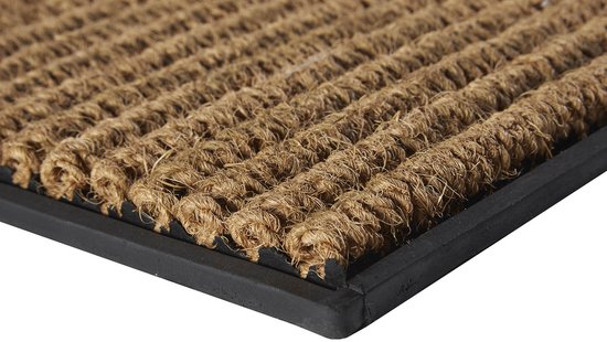 Detail van een deurmat van kokosvezel met horizontale ribbels en een zwarte rand.