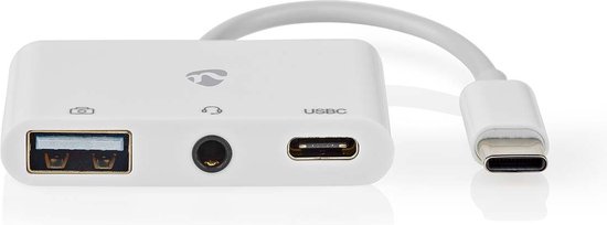 Nedis USB Multi-Port Adapter - USB 2.0 - USB-C Male - USB-A Female / USB-C Female / 3,5 mm Female - 480 Mbps - 0.10 m - Rond - Vernikkeld - PVC - Wit - Doos