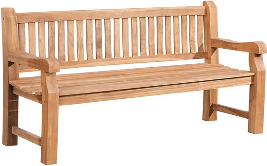 Houten tuinbank met rechte rugleuning en armleuningen.
